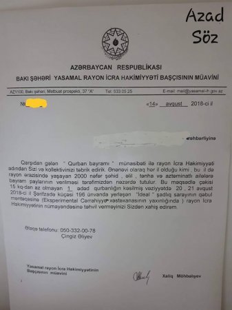 İcra başçısının müavini idarə rəhbərlərindən qoyun istədi: çəkisi 15 kq-dan ...